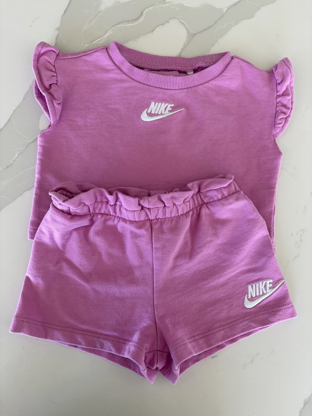 Nike Purple Logo Ruffle Short Sleeve T-Shirt & Shorts 2pc Outfit Set 12M